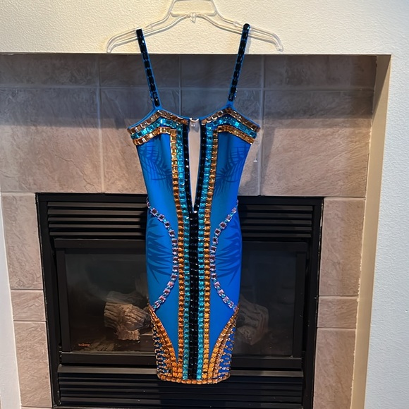 Blue Multicolor Mesh V Neck Embellished Beaded Bandage Bodycon Mini Dress - Picture 4 of 11